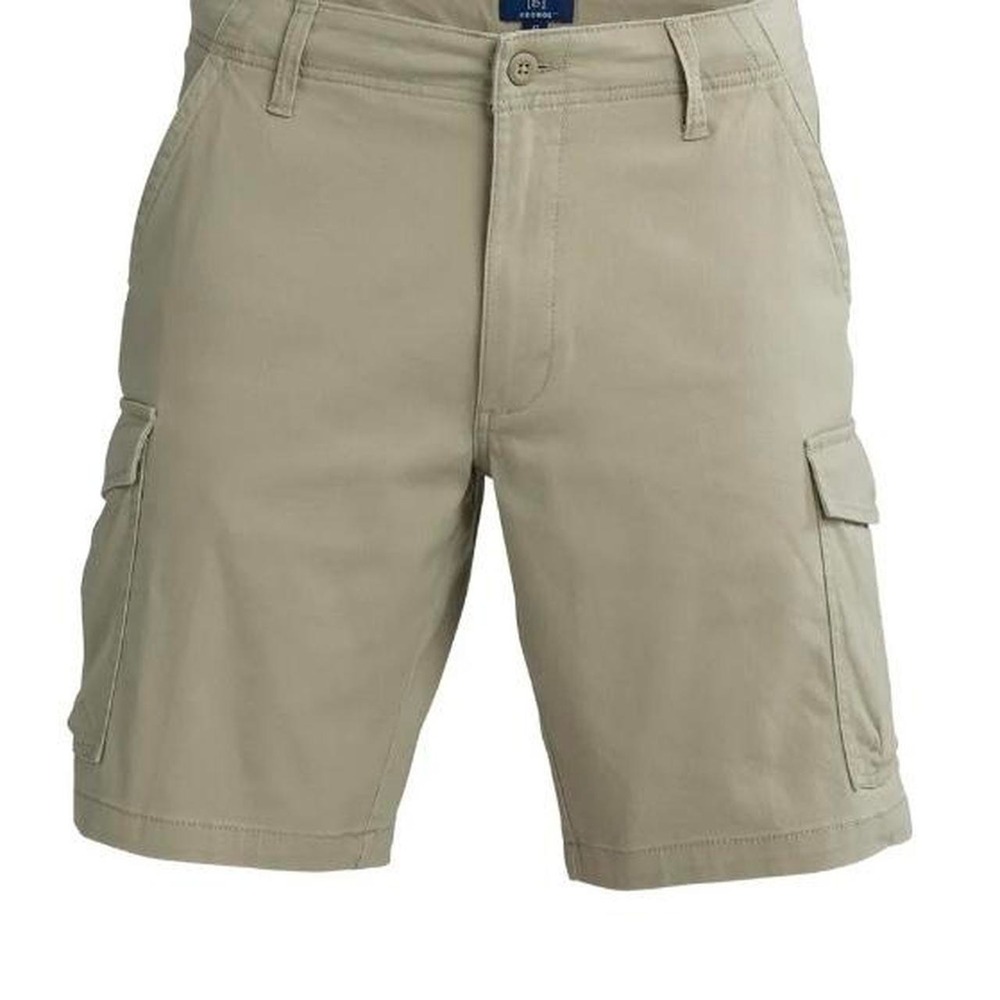 George Tan and khaki cargo shorts